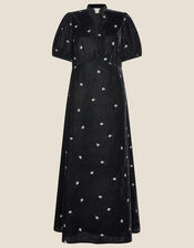 Embroidered Feather Velvet Maxi Dress, Black (BLACK), large