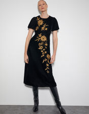 Kendra Embroidered Floral Velvet Midi Dress, Black (BLACK), large