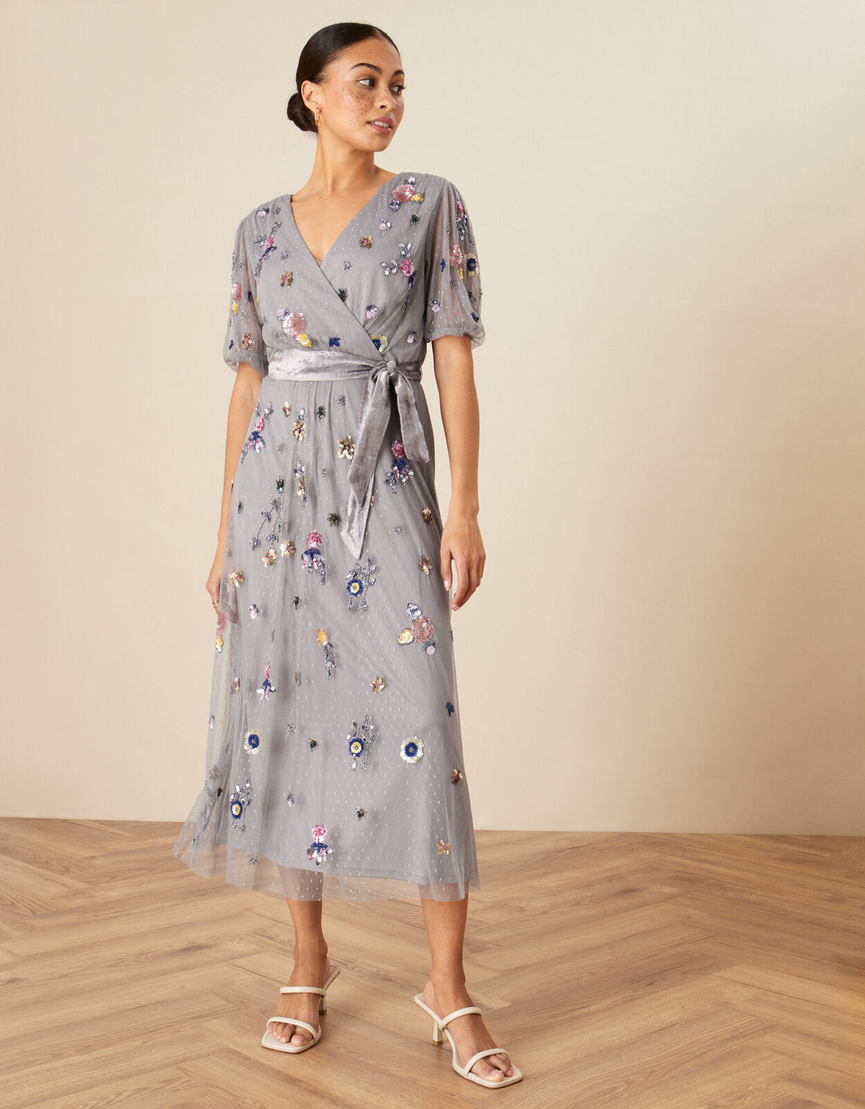 Rosalie Embellished Midi Dress Grey Dresses Monsoon Global
