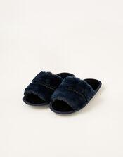 Glitter Trim Faux Fur Slippers, Blue (NAVY), large