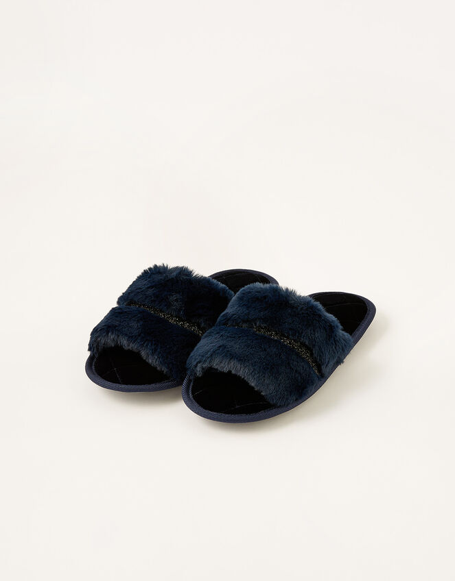 Glitter Trim Faux Fur Slippers, Blue (NAVY), large