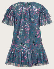 Frilly Sleeve Metallic Print Mesh Dress, Grey (GREY), large