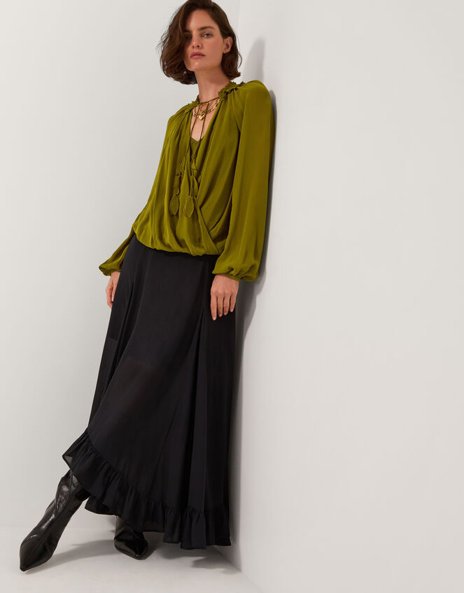Ellie Frill Neck Wrap Blouse, Green (KHAKI), large