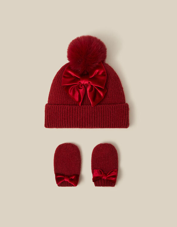 Baby Bow Beanie Hat & Mittens Set, Red (RED), large