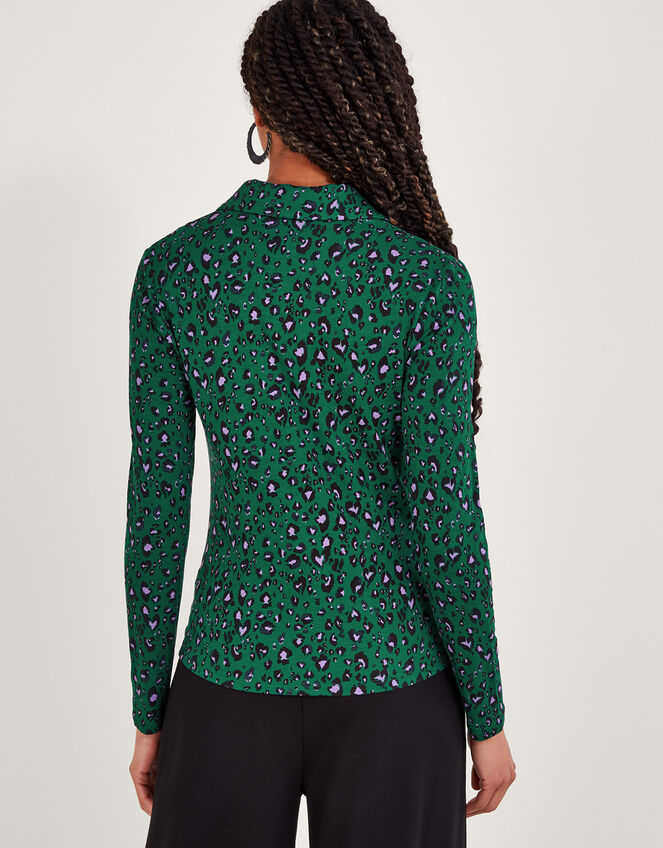 Leopard Print Ruched Jersey Shirt, Green (GREEN), large