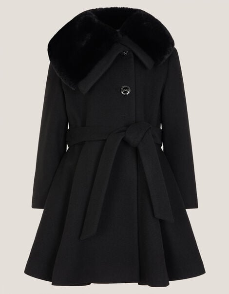 Faux Fur Collar Dress Coat, Black (BLACK), large