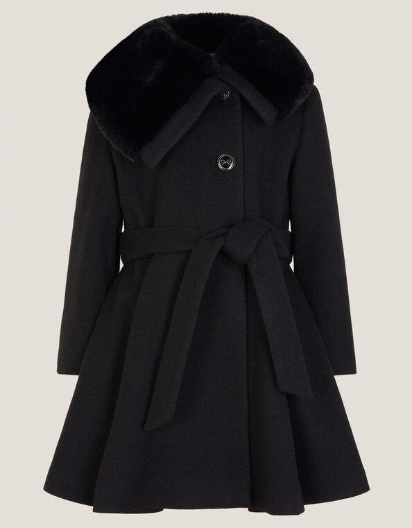 Faux Fur Collar Dress Coat, Black (BLACK), large