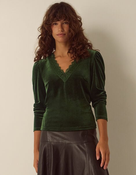 Lexi Lace Trim Velvet Top, Green (OLIVE), large