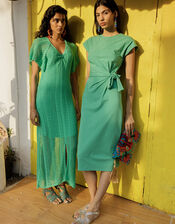 Short Sleeve Side Knot Midi Jersey Dress with Sustainable Cotton, Green (GREEN), large