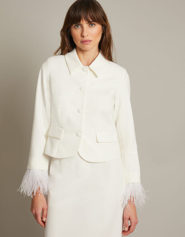 Luisa Feather Cuff Bridal Jacket, Ivory (IVORY), large