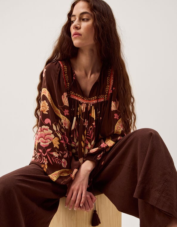 Samara Balloon Sleeve Floral Blouse, Brown (CHOCOLATE), large