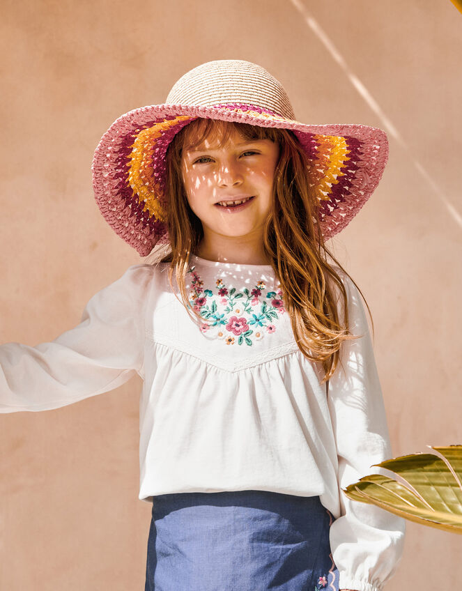 Long Sleeve Floral Embroidered Top, Cream (CREAM), large
