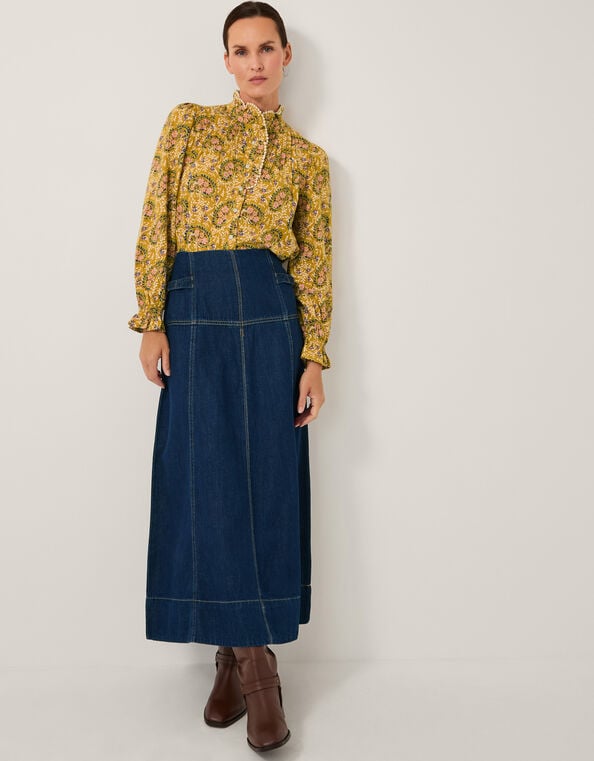 Brooke Seamed Denim Midi Skirt, Blue (INDIGO), large