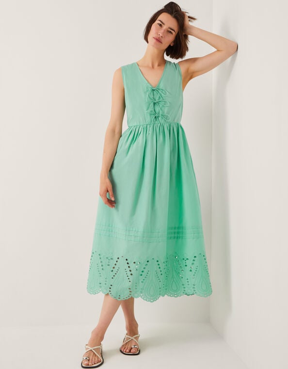 Sadie Tie Broderie Midi Dress, SEA GREEN, large