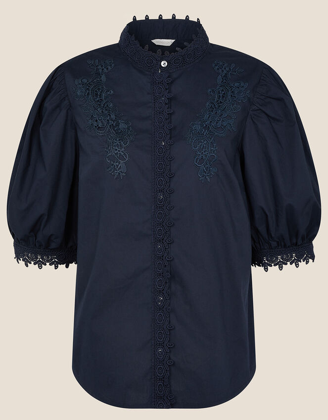 Victoriana Lace Trim Blouse, Blue (NAVY), large