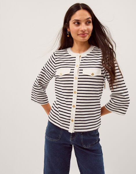 Shania Stripe Jersey Buttondown Top, Ivory (IVORY), large