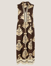 Pamela Linen Blend Leaf Print Midi Dress, Brown (CHOCOLATE), large