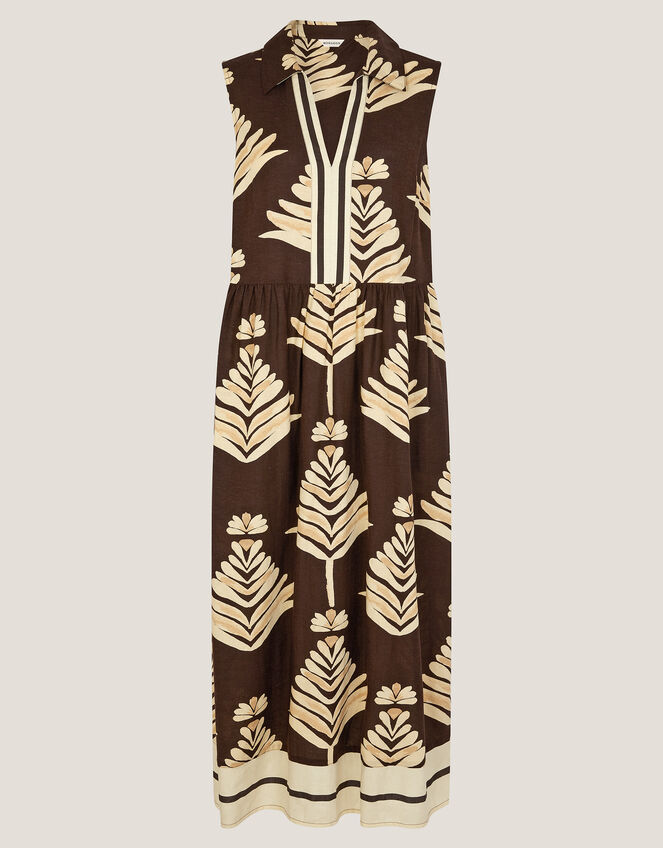 Pamela Linen Blend Leaf Print Midi Dress, Brown (CHOCOLATE), large