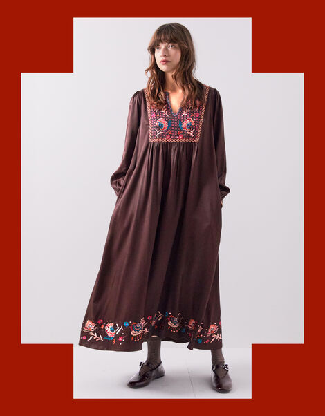 East Eliana Embroidered Long Sleeve Midi Dress, Brown (BROWN), large