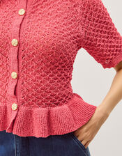 Shea Short Sleeve Ruffle Knit Cardigan, Pink (PINK), large