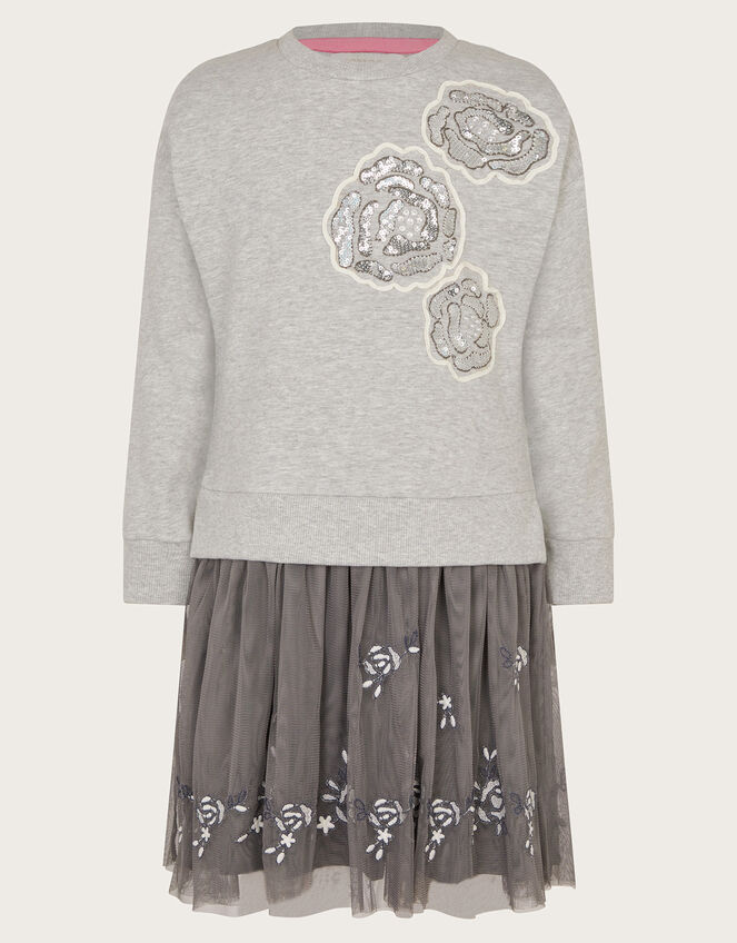 Rose Embellished 2-in-1 Sweatshirt Dress, Grey (GREY), large