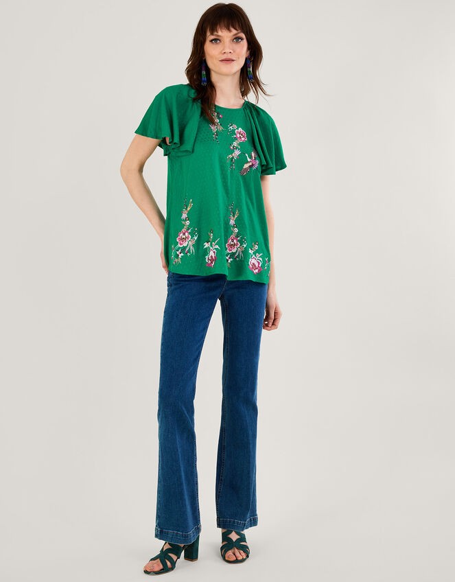 Jenny Embellished Flutter Sleeve T-Shirt, Green (GREEN), large