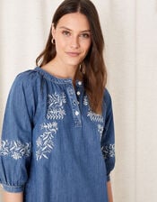 Floral Embroidered Denim Dress, Blue (DENIM BLUE), large