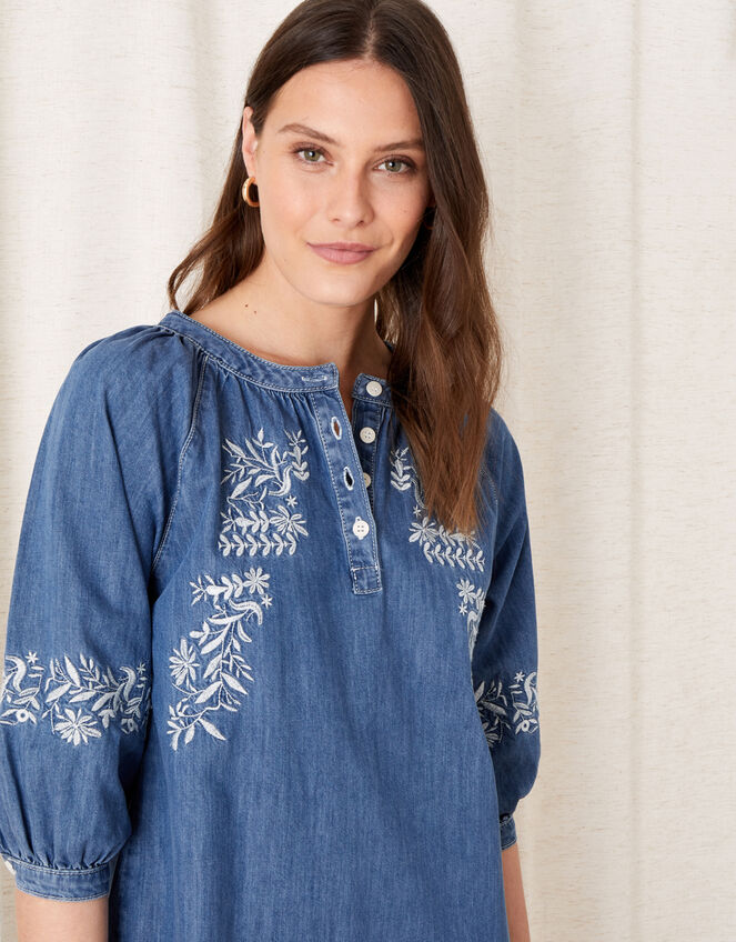 Floral Embroidered Denim Dress, Blue (DENIM BLUE), large