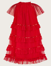 Sequin Bow Ruffle Trapeze Dress, Red (RED), large