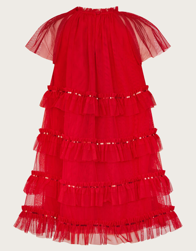 Sequin Bow Ruffle Trapeze Dress, Red (RED), large