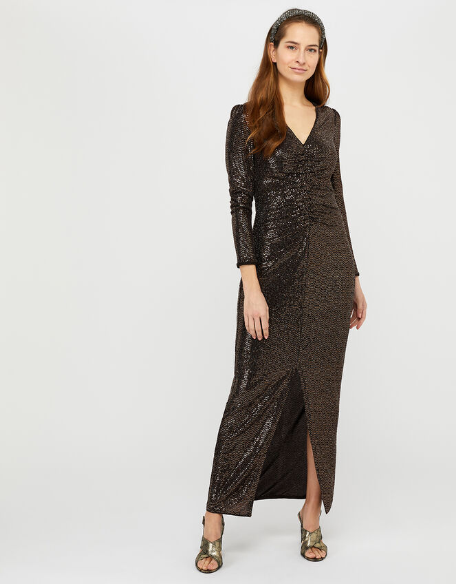 Rhiannon Ruched Glitter Maxi Dress, Bronze (BRONZE), large