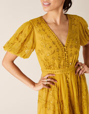 Valerie Sequin Embroidered Tea Dress, Yellow (OCHRE), large