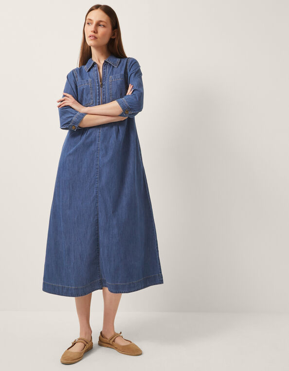 Bonnie Zip Denim Shirt Dress, Blue (MID AUTHENTIC BLUE), large
