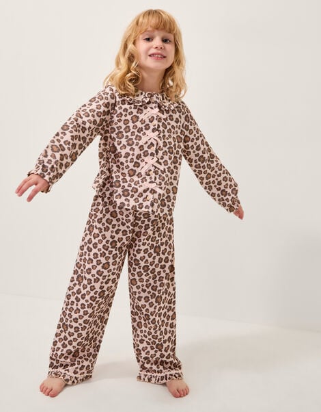 Bow Leopard Print Long Pyjamas Set, Pink (PINK), large