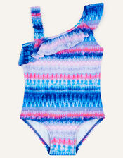 Ikat Stripe One Shoulder Swimsuit with Recycled Polyester, Blue (BLUE), large