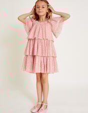 Metallic Star Tiered Mesh Dress, Pink (PINK), large