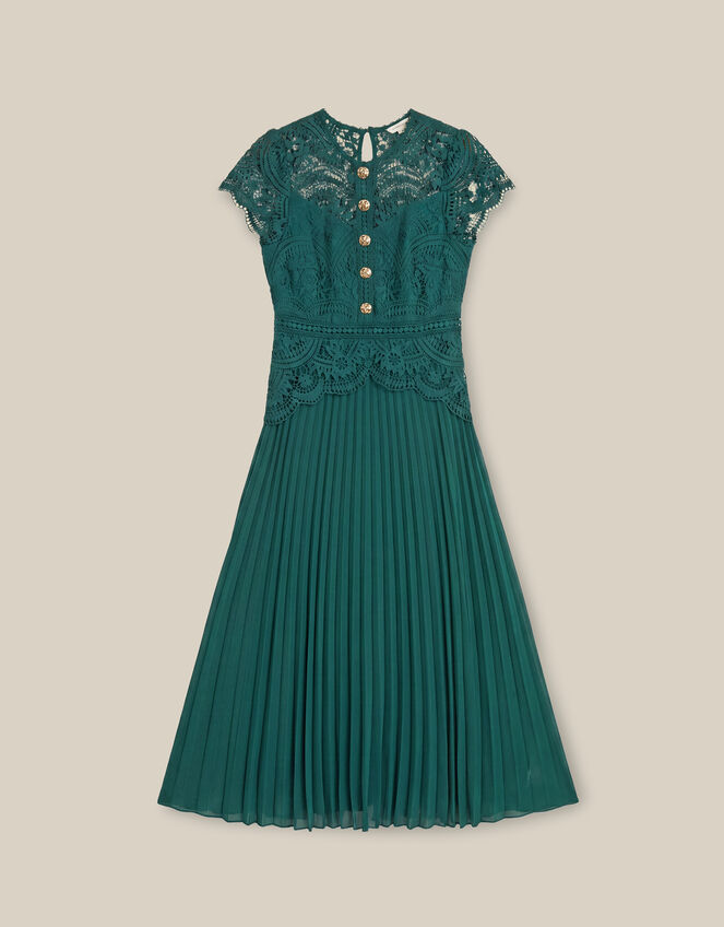 Mila Lace Pleated Midi Dress, Green (GREEN), large