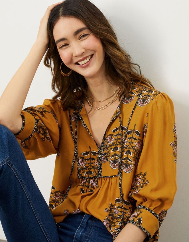 Floral Smock Crop Sleeve Blouse in LENZING™ ECOVERO™ , Yellow (OCHRE), large