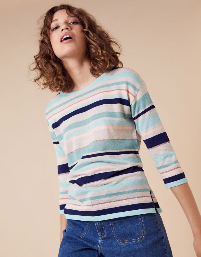 Stripe Lightweight Jumper in Linen Blend Blue Jumpers Monsoon Global.