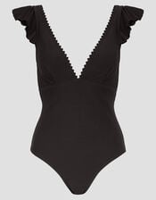 Kaylie Plunge Rib Ruffle Swimsuit, Black (BLACK), large