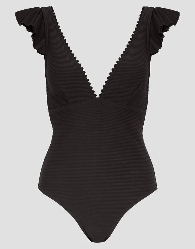 Kaylie Plunge Rib Ruffle Swimsuit, Black (BLACK), large