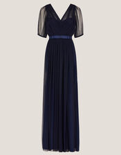 Ellie Sheer Sleeve Plunge Tulle Maxi Dress, Blue (NAVY), large