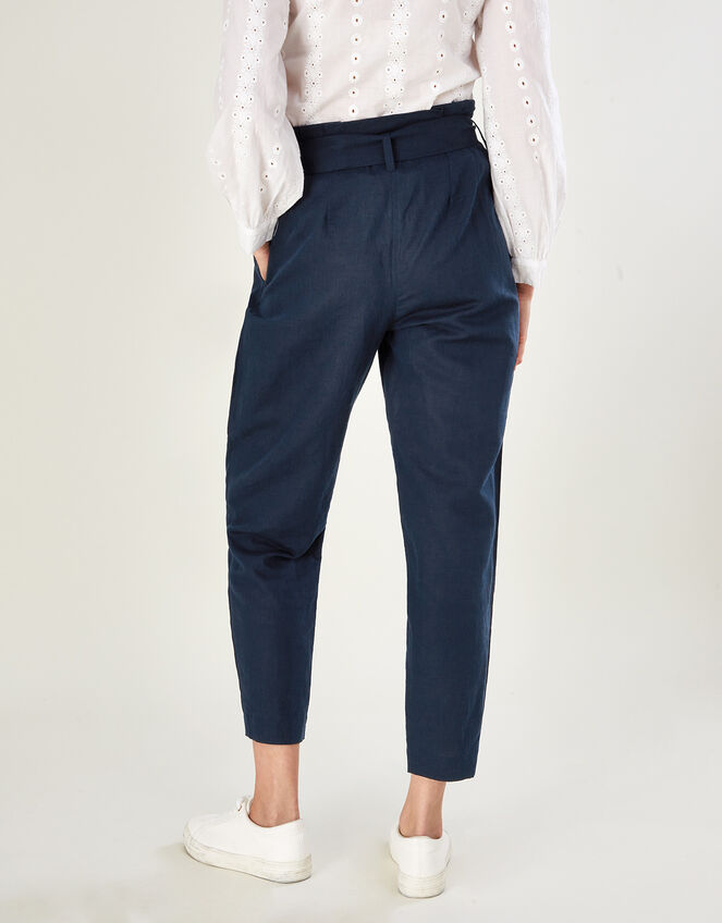 Linen Paper Bag Waist Trousers, Blue (NAVY), large