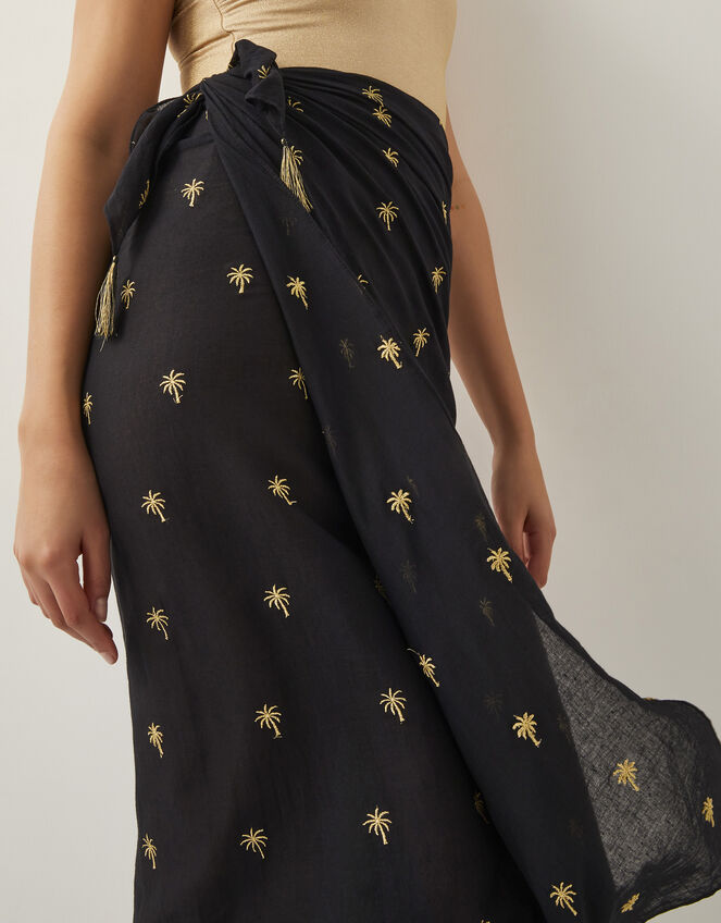 Ivy Palm Embroidered Sarong, Black (BLACK), large