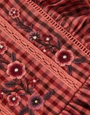 Floral Embroidered Check Dress, Brown (BROWN), large