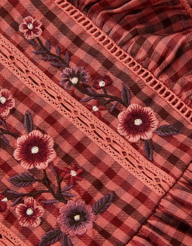 Floral Embroidered Check Dress, Brown (BROWN), large