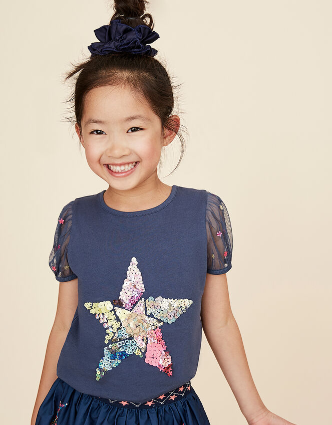 Sequin Star Puff Sleeve Top, Blue (NAVY), large