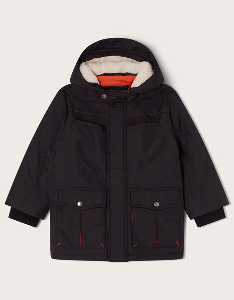 Parka Coat with Contrast Stitch, Black (BLACK), large