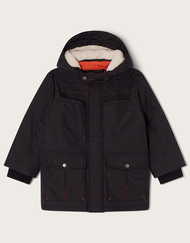 Parka Coat with Contrast Stitch, Black (BLACK), large