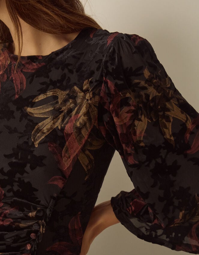 Dora Long Sleeve Floral Devor&eacute; Midi Dress, Black (BLACK), large